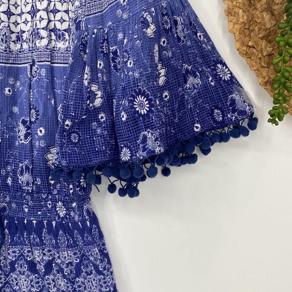 Anthropologie RAGA Off Shoulder‎ Boho Pompom Romper Blue XS - Picture 4 of 13